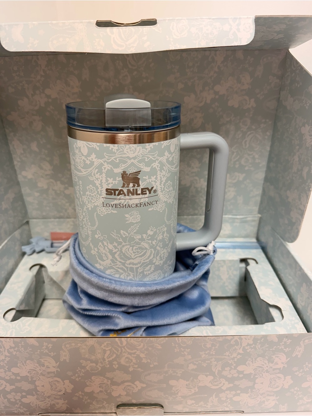 LoveShackFancy Pale Blue Floral Stanley Travel Mug with Handle